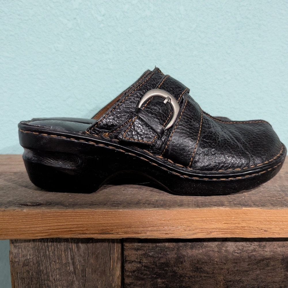 b.o.c. Black Leather Clog Mules with Silver Buckle